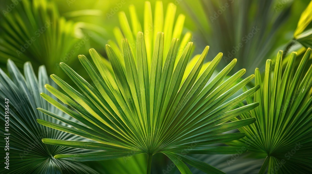 Poster large palm leaves overlapping in parallel, creating a soft and striking pattern.