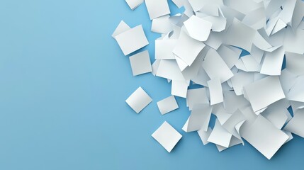 Obraz premium 3d blue background with white paper sheets falling down. Scatter blank pages,