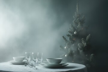 Christmas table setting as home with natural decorations. mystical atmosphere. Close up.