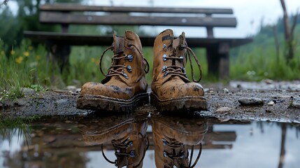 A pair of muddy brown hiking boots sitting in a puddle next to a wooden bench with a blurred forest background.