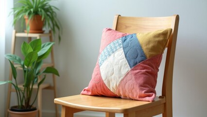 Colorful Hand-Sewn Patchwork Cushion on a Wooden Chair