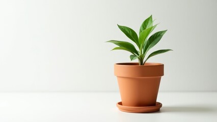 Fototapeta premium Simple Clay Flowerpot with Fresh Green Plant on White Surface