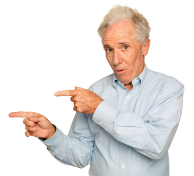 Senior man mockup png pointing to the side