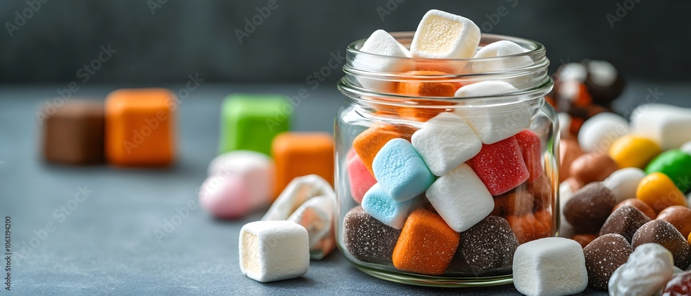 Poster vibrant display of assorted marshmallows and candies artfully arranged in a transparent glass jar sh