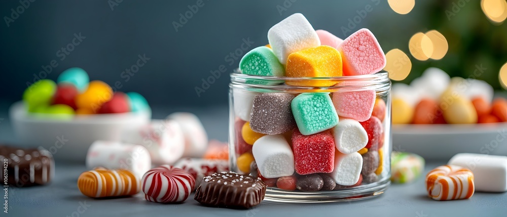 Leinwandbilder Vibrant display of assorted marshmallows and candies neatly arranged in a glass jar creating a visually appealing and tempting sweet treat