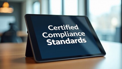Certified Compliance Standards on Tablet in Bright and Modern Office