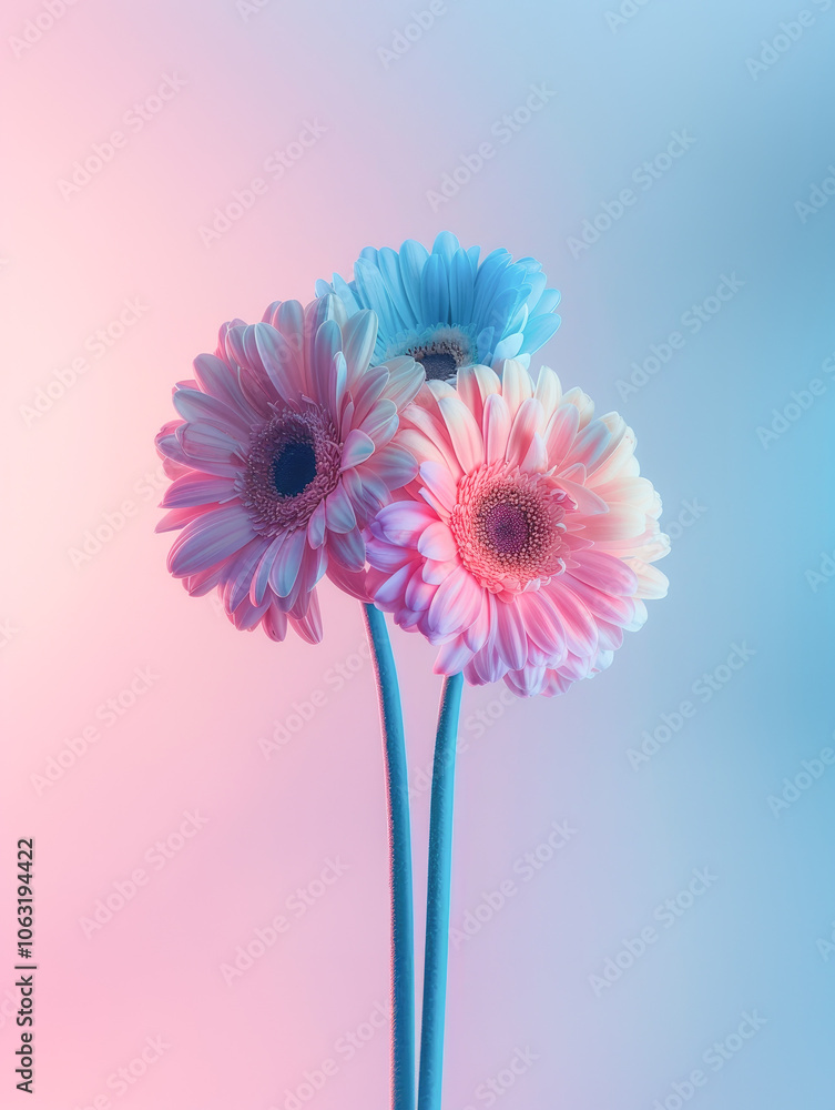 Poster an array of gerbera flowers fades with colorful gradients creating a lively and soft impression on a
