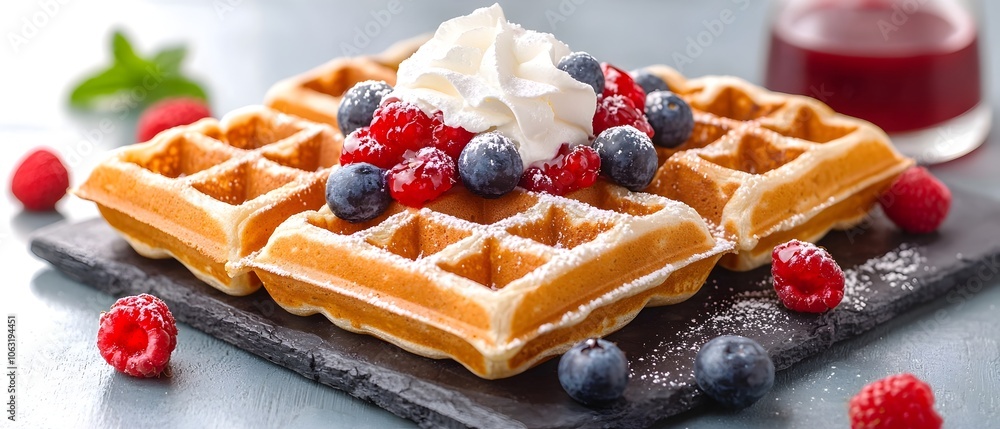 Poster freshly baked belgian waffles are stacked high and topped with a generous dollop of whipped cream an