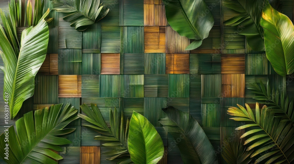 Poster long leaves arranged in a geometric vertical and horizontal grid pattern, emphasizing balance and or