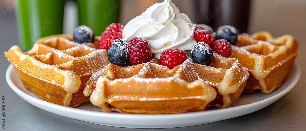 Aufkleber freshly prepared belgian waffles adorned with a generous dollop of whipped cream and an array of lus