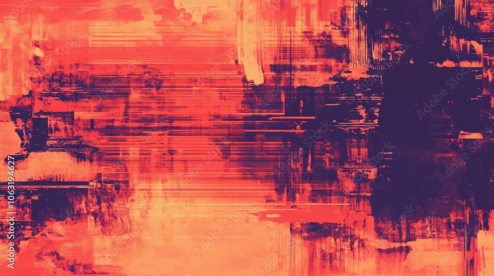 Poster abstract orange red textured digital glitch art pattern with layered geometric shapes.