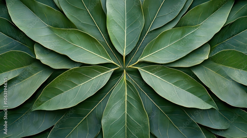 Poster long leaves arranged in a symmetrical pattern. the background is simple but has a natural dimension.