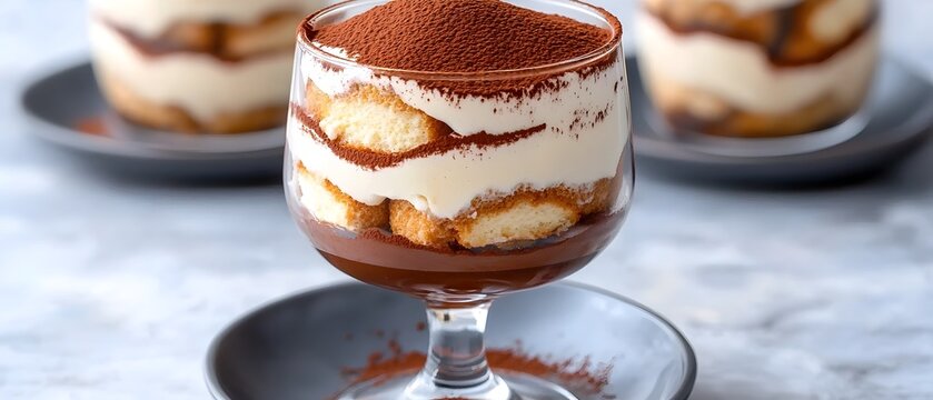 Delectable tiramisu dessert layered in an elegant glass featuring smooth creamy texture and rich cocoa powder dusting for a refined indulgent presentation