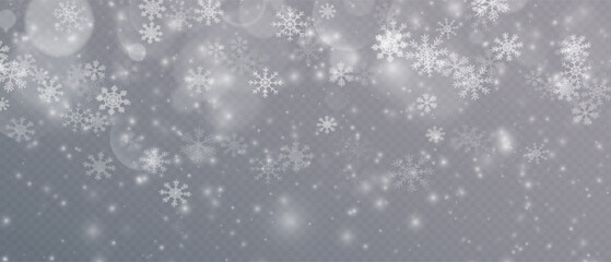 Winter background, Christmas snowflakes on a transparent background. Snow flakes, snow background. Heavy snowfall, snowflakes in different shapes and forms. 