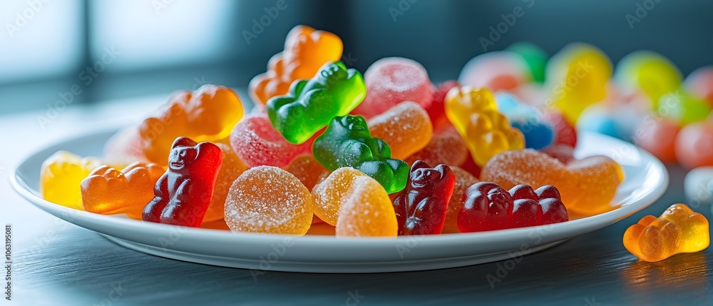 Aufkleber visually striking arrangement of vibrant gummy bears and assorted candies displayed beautifully on a
