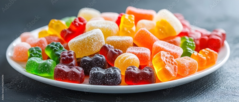 Aufkleber Colorful assortment of gummy bears and various candies arranged in an aesthetically pleasing modern and minimalist composition  The sweet treats are displayed in an appetizing and tempting fashion
