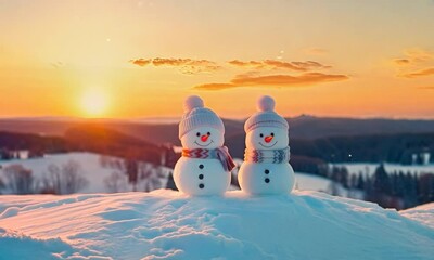 cute snowman couple in winter landscape on snowy day