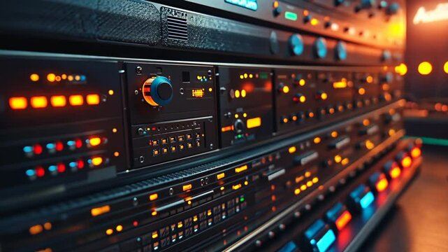 A close-up of a vintage audio mixing console with glowing lights and knobs