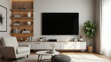 Inviting Media Room with Organized Decor and Ample Copyspace