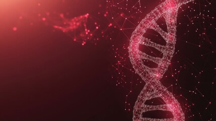 Abstract science or medicine background with DNA stand on it. Close-up double helix in light red. Biotechnology, biology, and science concepts. Futuristic tech low poly wireframe vector illustration.