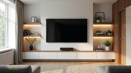 Stylish Media Room with Streamlined Decor and Natural Light