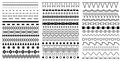 Graphic dividers. Line brush border. Minimalist frame design. Underline decoration. Hand drawn zigzag or floral ornaments. Geometric wave stroke. Simple print. Vector abstract shapes set
