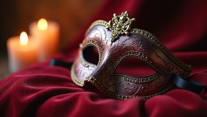 Intricate Masquerade Mask on Velvet Cushion Amidst Candlelight