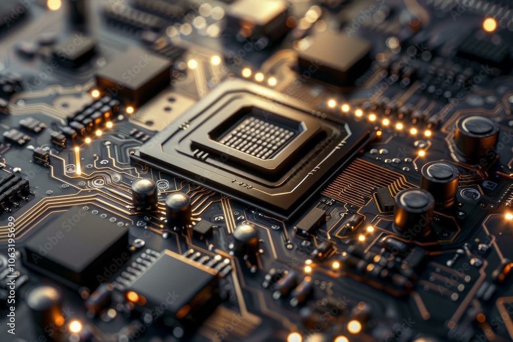 Poster close up view of a modern cpu actively processing data on a complex circuit board