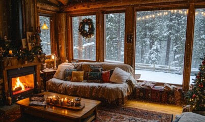 Fototapeta premium Cozy cabin with fireplace, snowfall, and Christmas tree.
