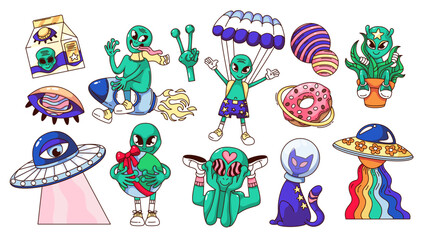 Fototapeta premium Groovy cartoon alien characters and trippy stickers set. Funny retro monster and UFO, cat in helmet, psychedelic eye. Space mascot, cartoon alien collection of 70s 80s style vector illustration
