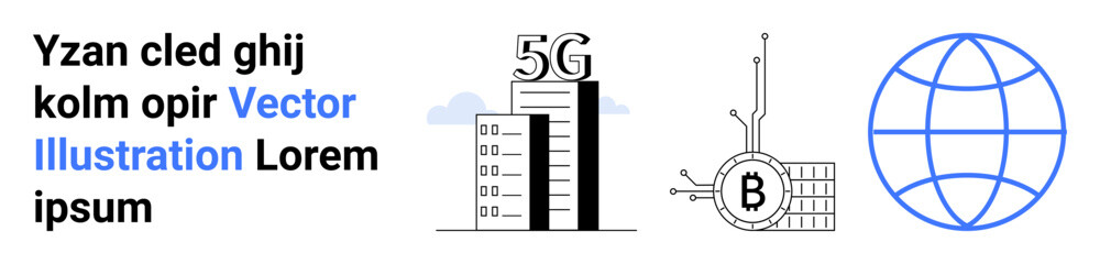 Building with 5G sign, circuit board with Bitcoin symbol, globe. Ideal for telecommunications, cryptocurrency, blockchain, internet, digital technology, global connectivity, and tech industry