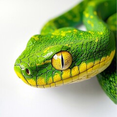 Fototapeta premium Green snake on white background, scales green and yellow, yellow eyes, close-up, looking into camera, New Year Christmas symbol 2025 snakes