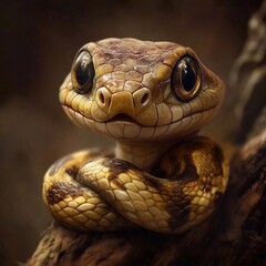Obraz premium realistic photo, cute kind snake with brown scales lies on a tree, dark background, new year christmas symbol 2025 snakes