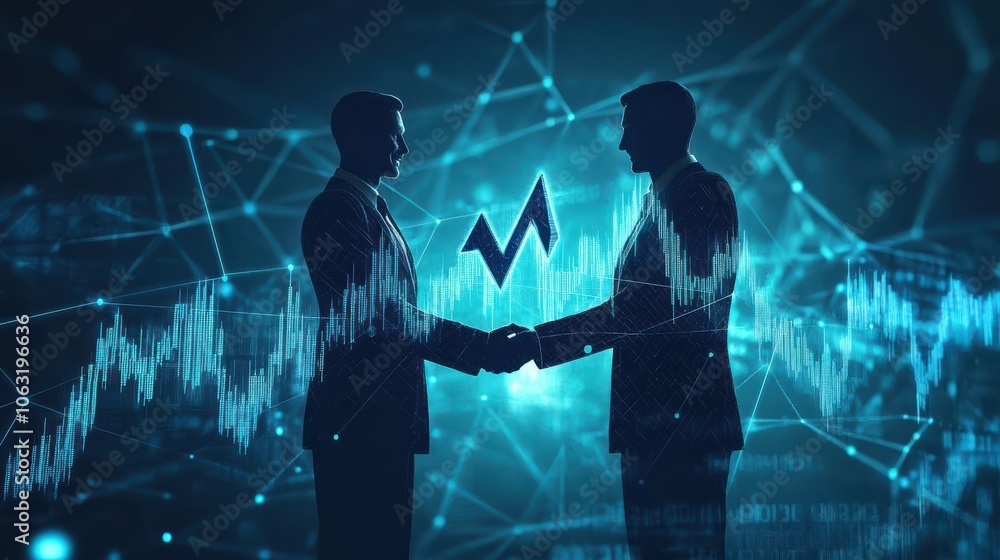 Poster chart graph with up arrow hologram and businessmen handshake on technology background. rise chart ba