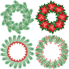 Poinsettia, Pine twigs with festive decoration and with out. Christmas and New Year wreaths Set of 4