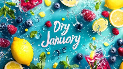 Refreshing dry january banner design featuring citrus fruits and berries