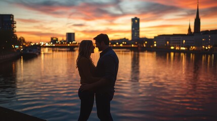Fototapeta premium Young couple sharing a tender moment by a city river at sunset, with shimmering reflections of city lights on the water, capturing urban romance and warmth.