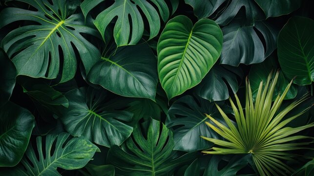 Overlapping tropical leaves in dark green tones, emphasizing the naturalness and tropical atmosphere.