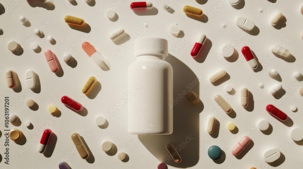 Poster a white bottle is centered on a light surface with various pills scattered around it, displaying a v