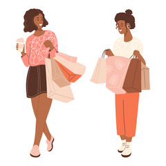 Shopping. Happy dark skinned woman buyer set. Isolated cute ethnic female shopper character with takeaway coffee and shopping packages on white background. Vector illustration