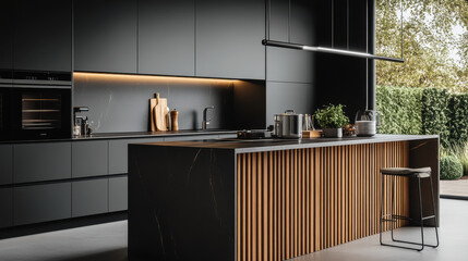 Dark and black modern kitchen with large kitchen wooden slats
