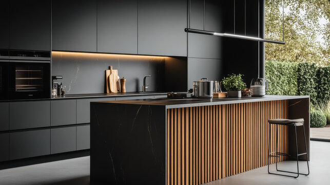 Dark and black modern kitchen with large kitchen  wooden slats