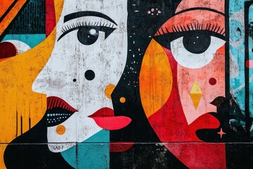 A graffiti mural on a city wall featuring a mix of bright colors and abstract shapes