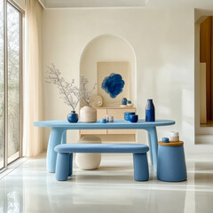 minimalist and Japandi interior design living room. Dining room with blue table and bench