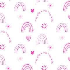 children's pink drawing with rainbows and suns by hand
