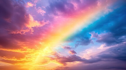 Obraz premium Rainbow stretching across a pastel-colored sunset sky, with soft light fading into dusk