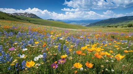 Fototapeta premium Rolling meadows covered in colorful spring wildflowers, with soft clouds and a bright blue sky