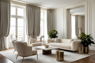 Fototapeta premium Modern luxurious living room interior with stylish boucle furniture and boucle sofa and large window