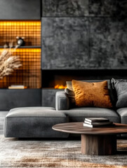 Dark Tone Minimalist art deco loft interior design of modern living room