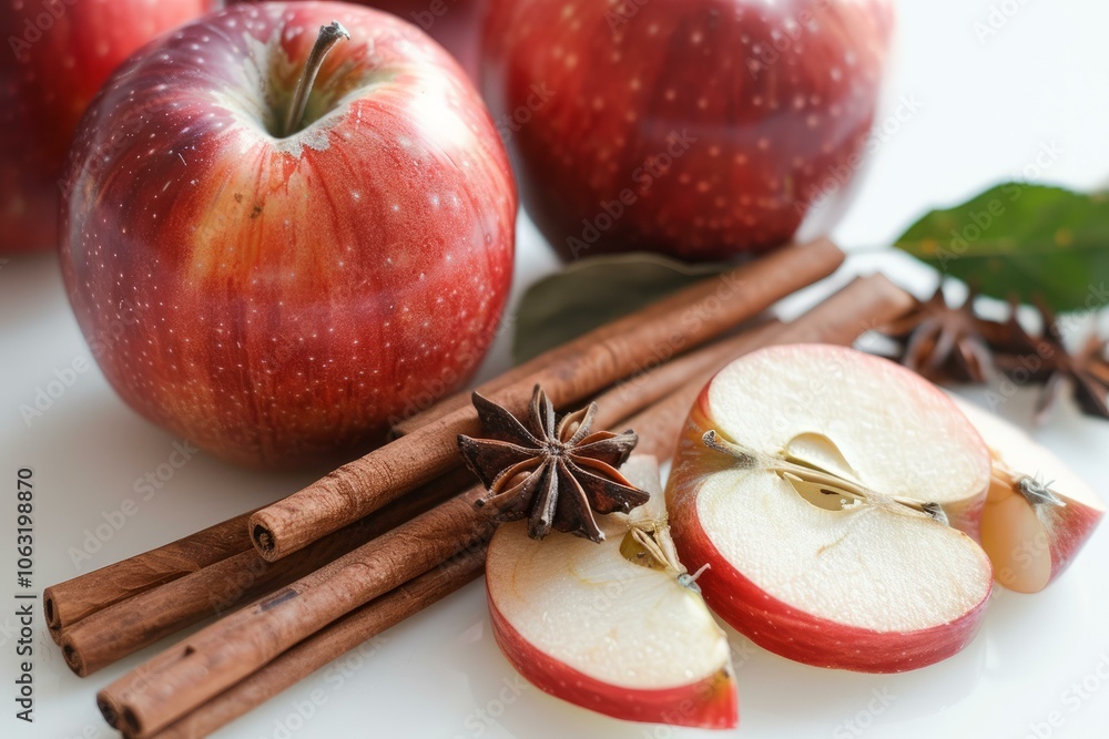 Poster red apple slices with cinnamon sticks and star anise creating a warm and inviting autumnal scene